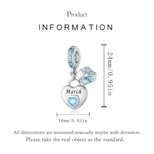 925 Sterling Silver Birthstone Bracelet Charm - Unique Heart Shaped Design, Fits most Europe Pandora Bracelets and Necklaces, women's DIY holiday Gifts - style: C-March