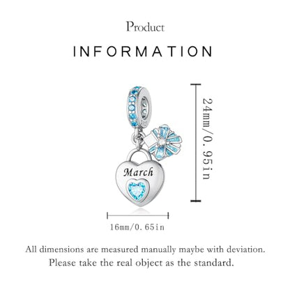 925 Sterling Silver Birthstone Bracelet Charm - Unique Heart Shaped Design, Fits most Europe Pandora Bracelets and Necklaces, women's DIY holiday Gifts - style: C-March