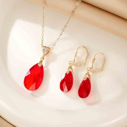 Austrian Crystals Teardrop Pendant Necklace Earrings for Women 14K Gold Plated Hypoallergenic Leverback Drop Dangle Earrings Jewelry Set - color: Red