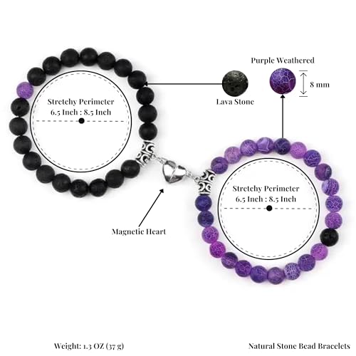 Set Of 2 Couples Bracelet Magnetic Healing Natural Bead Stone Stretch Bracelet Unisex Anniversary, Friendship, Valentine, Christmas Gift - color: Lava+Purple Weathered, style: With Luxury Giftbox
