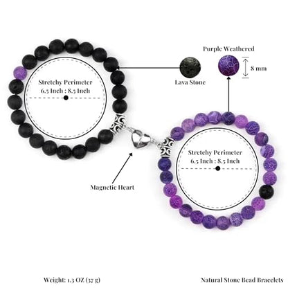 Set Of 2 Couples Bracelet Magnetic Healing Natural Bead Stone Stretch Bracelet Unisex Anniversary, Friendship, Valentine, Christmas Gift - color: Lava+Purple Weathered, style: With Luxury Giftbox