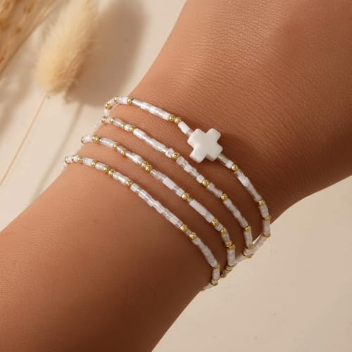 Christian Cross Christmas Stackable Seed Beaded Bracelets for Women, Boho Colorful Healing Stretch Accessories God Christ Pray Faith Amulet Jewelry, Daily Party Holiday Friendship Gift - color: White