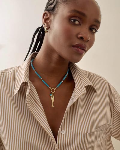 Chunky Gold Fish Pendant Necklace For Women Long Silk Scarf Turquoise Strand Necklace With Fish Pendants Boho Beach Shell Statement Necklaces - style: Blue Bead