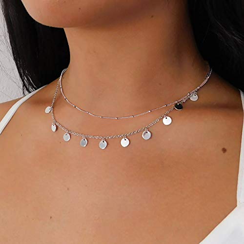 Aisansty Dainty Layered Choker Necklaces Handmade Coin Tube Star Pearl Pendant Multilayer Adjustable Layering Chain Gold Plated Necklaces Set for Women - color: Silver, style: Silver Coin Charms
