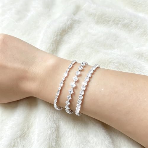 3Pcs Women Stackable 14K Gold Plated Tennis Bracelet with Colorful CZ | Dainty Classic Everyday Jewelry 14K Gold Plated Colorful Cubic Zirconia Tennis Bracelet Created Diamond for Wedding 7 inches - color: silver white