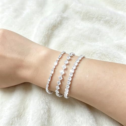 3Pcs Women Stackable 14K Gold Plated Tennis Bracelet with Colorful CZ | Dainty Classic Everyday Jewelry 14K Gold Plated Colorful Cubic Zirconia Tennis Bracelet Created Diamond for Wedding 7 inches - color: silver white
