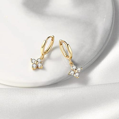 DAILY VIBES Cute Gold Mini Dangle Huggie Hoop Earrings for Women Trendy | 14K Gold Plated, Dainty Cubic Zirconia, Small Hoop Earrings with Charm Drop, Jewelry Gift for Women Ladies - color: Small Flower CZ