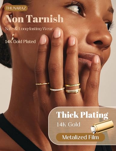 THUNARAZ 9Pcs Gold Stackable Rings for Women Non Tarnish Adjustable Rings | 14k Gold Plated,Open Adjustable Rings Set,Stack,CZ Thumb Ring,Statement Band Ring,Engagement Wedding Jewelry,Waterproof - color: Gold Tone
