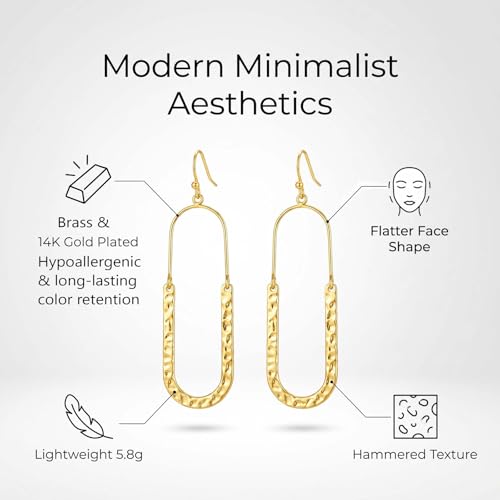 14K Gold Plated Texture Geometric Earrings, Simple Oval Hammered Hoop Drop Dangle Earrings for Women, Lightweight Dangly Minimalist Jewelry - color: Oval-Gold