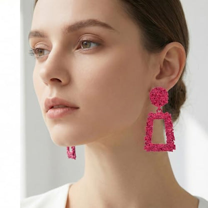 Clip on Earrings for Women, Big Statement Geometric Earrings Large Shiny Drop Dangle Earrings Non Pierced (Gold/Silver/Hot Pink) - color: Hot pink
