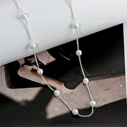 Gold Pearl Necklace For Women - 14K Gold Plated Layered Herringbone Chain Pearl Necklace, Trendy Simple Gold Jewelry Gift - color: Satellite Pearl-Silver