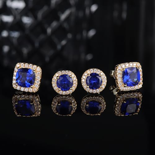 18K Gold Plated Halo Stud Earrings 925 Sterling Silver Cubic Zirconia Stud Earrings Round Square Diamonique Stud Earrings Set for Women Men - color: Gold&Blue