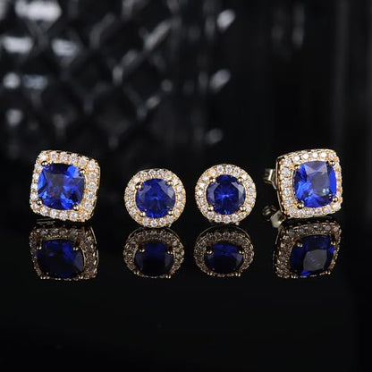 18K Gold Plated Halo Stud Earrings 925 Sterling Silver Cubic Zirconia Stud Earrings Round Square Diamonique Stud Earrings Set for Women Men - color: Gold&Blue