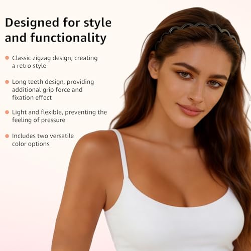 2 Pack Zig Zag Headbands for Women, Non-Slip Wavy Plastic Hair Comb Headbands with Teeth, U-Shape High Cranium Korean Style, Classic 90s Hair Accessories, Gifts for Women (Black & Brown)