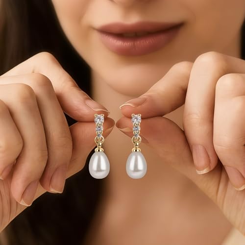 Pearl Earrings for Women, 14k Gold Plated Trendy Diamond Pearl Drop Earrings Hypoallergenic Dainty Bridal Gifts Wedding jewelry for Women - color: Silver-Pearl Style E