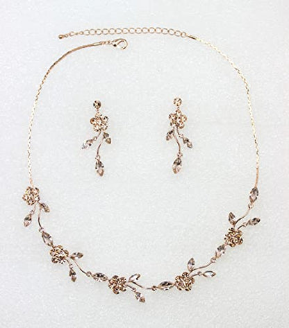 Faship Gorgeous Rhinestone Crystal Floral Necklace Earrings Set - color: Champagne