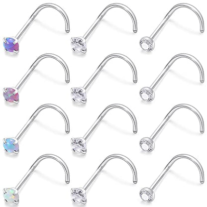 Cisyozi 18G 20G 22G Nose Rings Studs Surgical Steel Nose Stud Set 1.5mm 2mm 2.5mm 3mm Diamond Cubic Zirconia Opal Screw L Shaped Straight Nose Piercing Jewelry for Women Men - color: B:18G-Screw -2.5mm