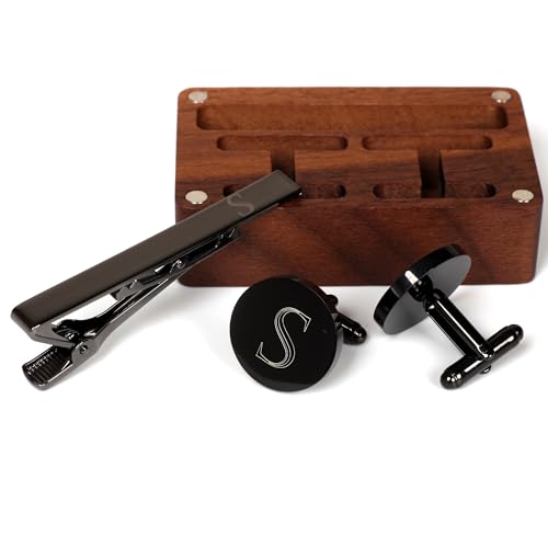 Mens Initial Cufflinks and Tie Clip A-Z Alphabet Letter Black Stainless Cuff Links Tie Bar with Engraved Walnut Wood Box Groom Groomsman Wedding Set - style: Classic-S