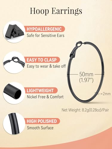 FaithHeart Silver/Black/Gold Stainless Steel Thin Hoop Earrings for Women | 2mm Wide Thin Large Hoop Earrings, Hypoallergenic Lightweight Trendy Jewelry, 20/30/40/50/60/70/80/90/100mm - color: Black, size: 50mm/1.97"
