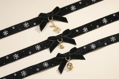 FOSIR Velvet Choker for Slender Neck, 14k Gold Plated Sainless Steel Heart/Snowman/Deer/Hat/Tree/Bell/Pendant Collar Necklace for Women, Adjustable Soft Skin-Friendly Velvet Jewelry Gifts - color: Black Choker- Bell