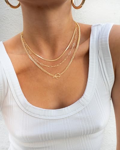 CHESKY 14K Gold Plated Layered Chain Necklace for Women | Trendy Cuban Link Chain, Chunky Paperclip Chain, Toggle Clasp Necklace, Fashion Gold Jewelry, Daily Gift for Women - style: chain3-gd