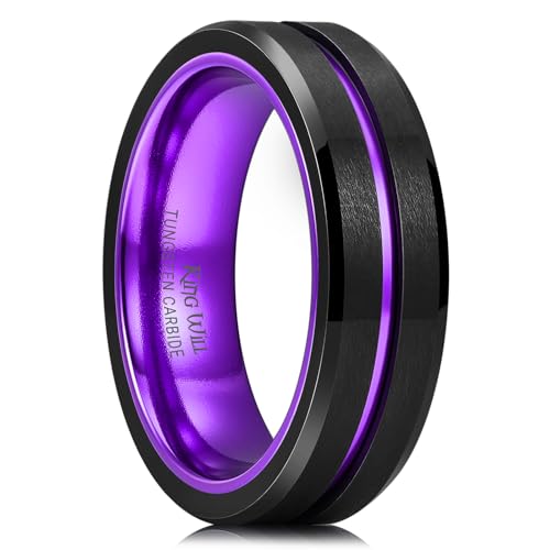 King Will Mens Tungsten Rings for Men Two Tone Grooved Mens Wedding Band Cool - color: Purple 6mm