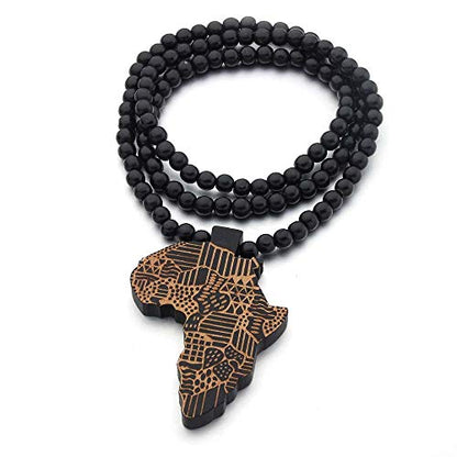 COLORFUL BLING Multicolor 8MM Wooden Bead Chain African Hip-hop Africa Map Pendant Necklace for Men Boys Natural Wood Jewelry - color: style2 brown black