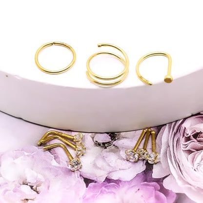3 Pcs 14K Gold Filled Nose Studs 20G Stainless Steel Stud Nose Ring 2mm/2.5mm/3mm Round CZ L Bend Nose Stud Hypoallergenic Nose Piercing - color: gold hoop stud 8
