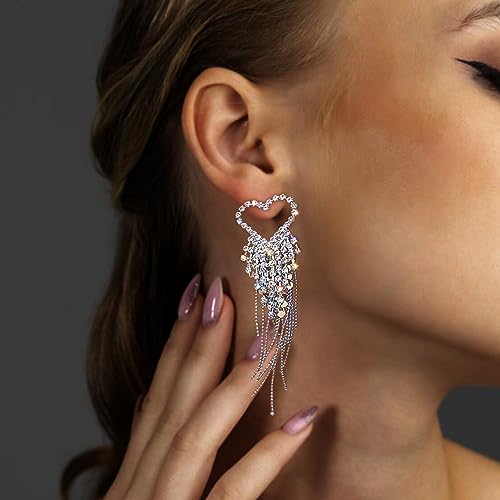 Luxval Rhinestone Earrings Dangling for Women Sparkly Silver Dangle Earrings Girls Long Chandelier Earrings Tassel Lightweight Ear Studs Cubic Zirconia Crystal Statement - color: Silver-Heart Tassel Crystal