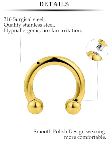 12G Septum Rings Ear Gauges Earrings Hoops Eyebrow Piercings lip Rings Hoop 316L Surgical Steel Cartilage Helix Tragus Rook Daith Earrings Piercing Jewelry for Women Men 10mm 12mm 14mm 16mm - style: 12G，10mm-16mm，Gold Tone