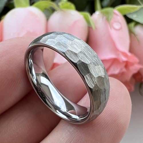 TUTISS 6mm 8mm Silver/Black/Gold/Rose Gold Hammered Tungsten Rings for Men Women Couple Fashion Jewelry Engagement Wedding Bands Domed Matte Finish Comfort Fit - color: 6mm Silver Tungsten