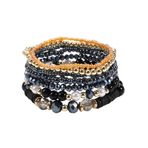 7Pcs Bohemia Multilayer Stackable Crystal Beaded Bracelet Set Multicolor Surfer Heishi Clay Gold Beaded Friendship Stretch Bracelets for Women Men Summer Beach Boho Vacation Jewelry Gifts - color: Z-Black