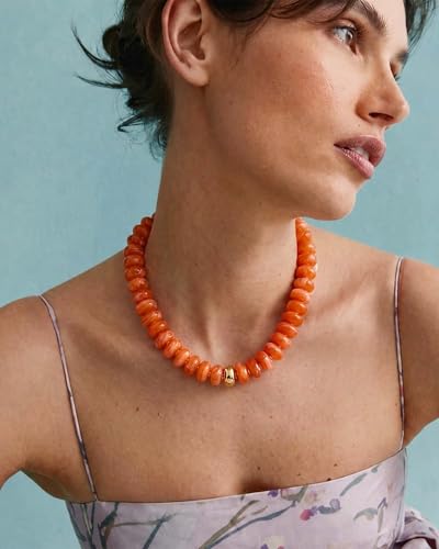 Chunky Beaded Necklace for Women Boho Statement Bead Necklace Adjustable Choker with Polished Disc/Square Beads Trendy Summer Beach Jewelry Gifts - color: Orange