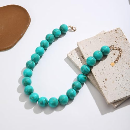 Chunky Necklaces for Women Trendy 20MM Large Resin Beaded Necklace Bold Statement Chunky Choker Necklace Boho Beads Summer Beach Jewelry - color: Turquoise