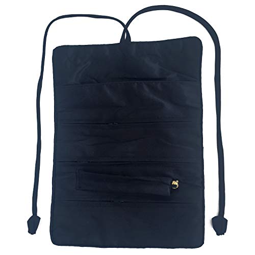 Travel Jewelry Roll Bag - Silk Embroidered Brocade Pouch for Rings, Necklaces, Earrings, Bracelets | Lightweight & Tie Closure (Black) - color: Black