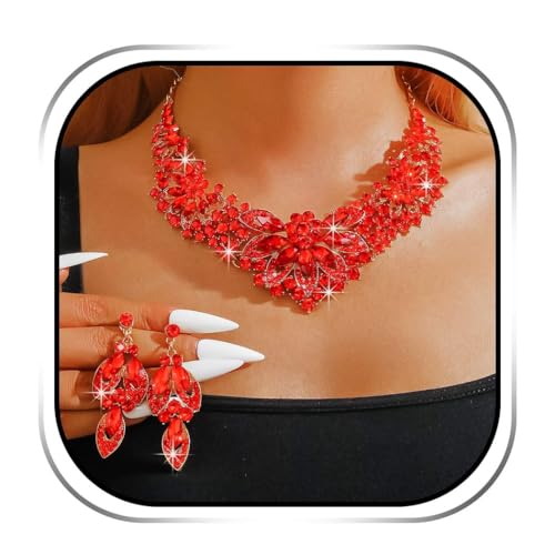 Yonamix Gold Jewelry Set Wedding Rhinestone Necklace Sets for Women | Formal Prom Dinner Party Gala Night Crystal Flower Necklaces Earrings - color: D Red