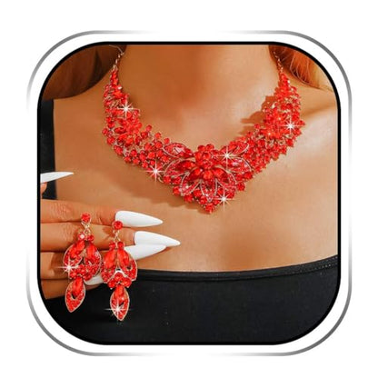 Yonamix Gold Jewelry Set Wedding Rhinestone Necklace Sets for Women | Formal Prom Dinner Party Gala Night Crystal Flower Necklaces Earrings - color: D Red