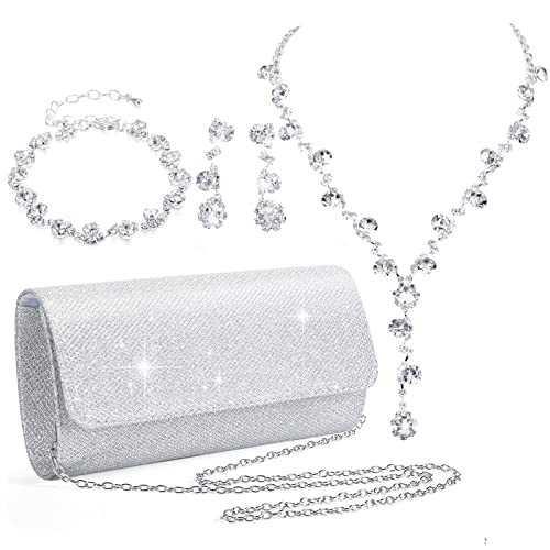 4 Pcs Silver Clutch Purse Jewelry Set for Women Rave Accessories Evening Rhinestone Purse Silver for Bride Wedding - style: Elegant Style