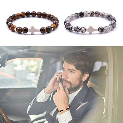 Beaded Bracelets Cross Bracelet for Women Men Lava Rock Turquoise Tiger Eye Natural Bracelet Anxiety Healing - color: 6 Pcs- white cross