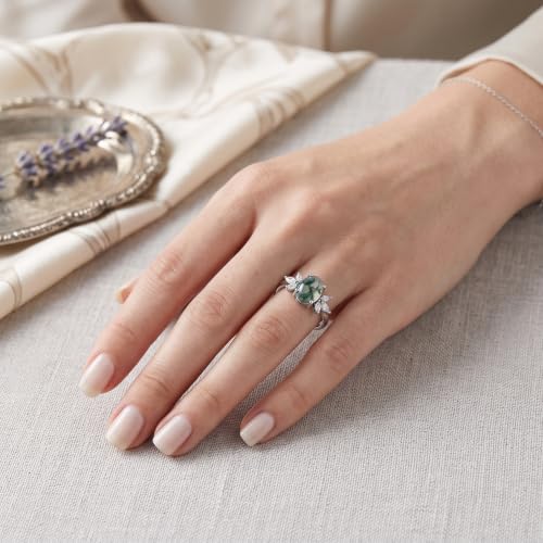 MRENITE Oval Floral Ring for Women S925 Sterling Silver Gemstone Ring for Her Anniversary Birthday Engagement Promise Jewelry Gift - color: Moss Agate