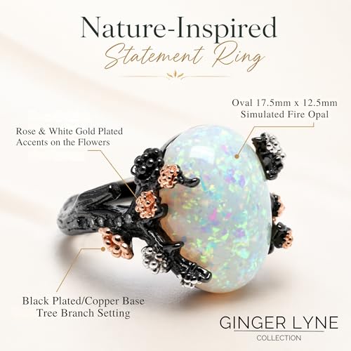 Henrietta Gothic Opal Ring for Women, Fantasy Promise Ring by Ginger Lyne | Simulated White Fire Opal, Cubic Zirconia Black Rose Gold Plated Bold Jewelry Statement Piece For Engagements, Gifts & Events - color: White