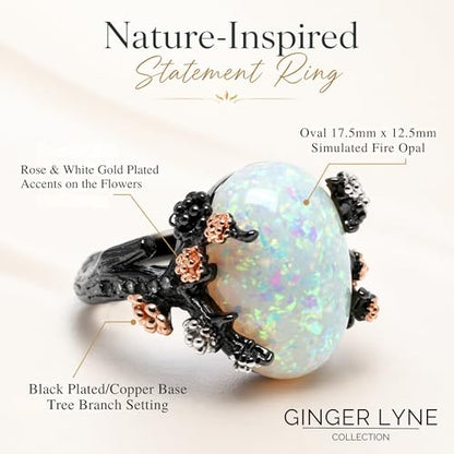 Henrietta Gothic Opal Ring for Women, Fantasy Promise Ring by Ginger Lyne | Simulated White Fire Opal, Cubic Zirconia Black Rose Gold Plated Bold Jewelry Statement Piece For Engagements, Gifts & Events - color: White