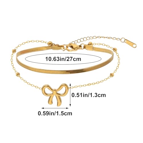 yueton Adjustable Gold Ankle Chain Stylish Double-Layer Ankle Bracelet with Cute Bow Pendant Dainty Beach Foot Jewelry for Women