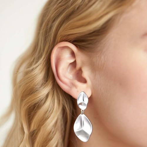 Large Geometric Drop Dangle Earrings for Women Pearl Teardrop Disc Rectangle Oval Fishtail Shell Shaped Textured Dangle Studs Earrings for Women - color: Silver-Irregular