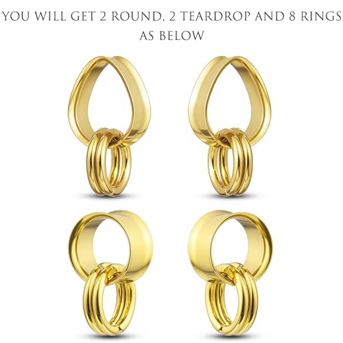 2 Pairs Stainless Steel Ear Plugs Tunnels Set with 2 Stacked Rings, Round & Teardrop Gauges for Ears, Hypoallergenic Surgical Steel Ear Stretcher Expander Body Jewelry - color: Gold, size: 22mm(7/8 inch)