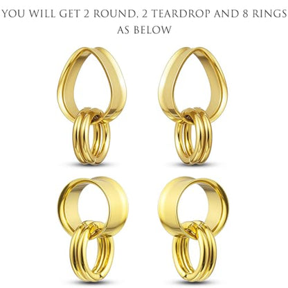 2 Pairs Stainless Steel Ear Plugs Tunnels Set with 2 Stacked Rings, Round & Teardrop Gauges for Ears, Hypoallergenic Surgical Steel Ear Stretcher Expander Body Jewelry - color: Gold, size: 22mm(7/8 inch)