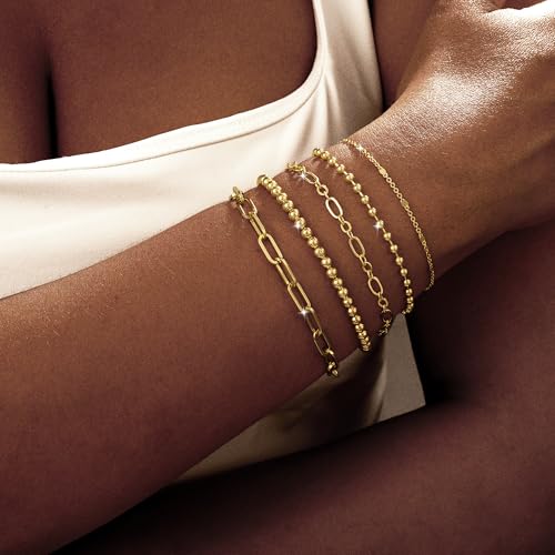 Dainty Bracelet for Women 14K Gold Plated Cross Pearl CZ Leaf Bracelets Set Gold Layering Bracelets Everyday Jewelry - color: 5 Layer Beaded Set -GD