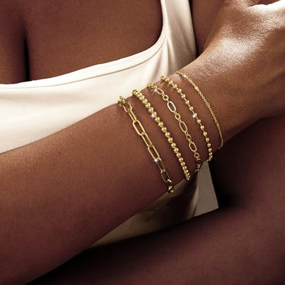 Dainty Bracelet for Women 14K Gold Plated Cross Pearl CZ Leaf Bracelets Set Gold Layering Bracelets Everyday Jewelry - color: 5 Layer Beaded Set -GD