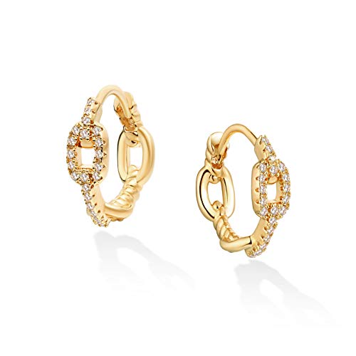 Huggie Hoop Earrings 14K Gold Plated Cubic Zirconia Dainty Simple Cute Beads Elegant CZ Circle Small Hoop Earring for Women Minimalist Handmade Hypoallergenic Jewelry - color: Link Hoop