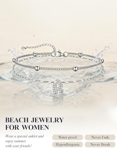U7 Initial Ankle Bracelets for Women Silver/Gold Anklets Waterproof, 14K Gold Plated Layered Anklets Bracelet Stainless Steel Hypoallergenic 8.5"-10.5" - color: Silver-CZ, size: E